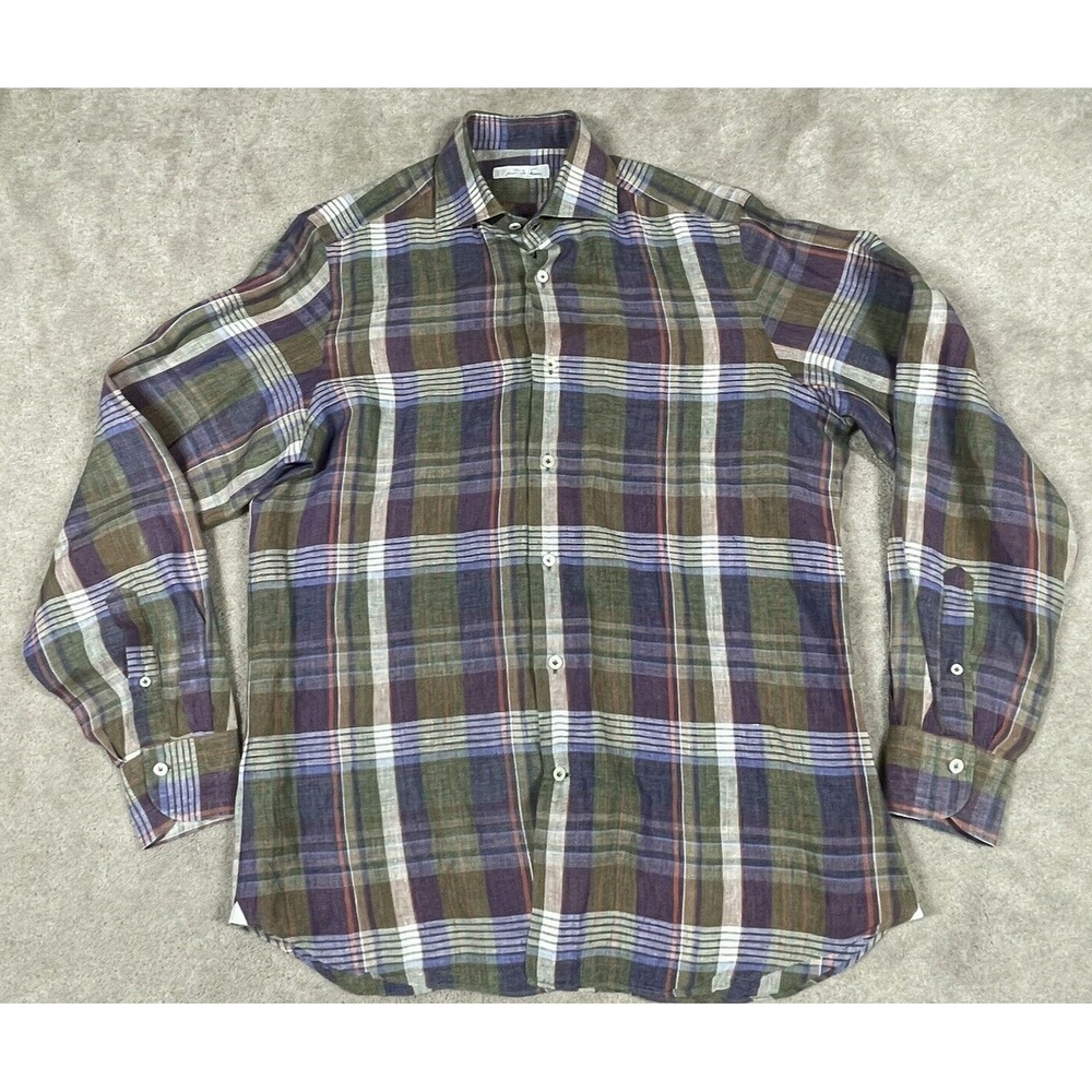 Rue de Jardin St Martin Montecarlo Plaid Button Down Shirt Green Navy Orange